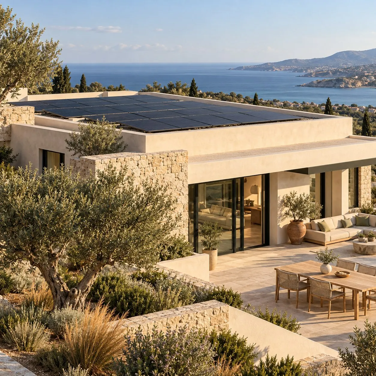 Architectural visualization of a Mediterranean solar home; not a customer project