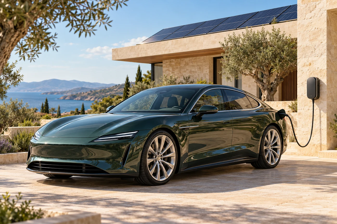 Concept illustration: an electric grand tourer charging at a solar-powered home in Cyprus
