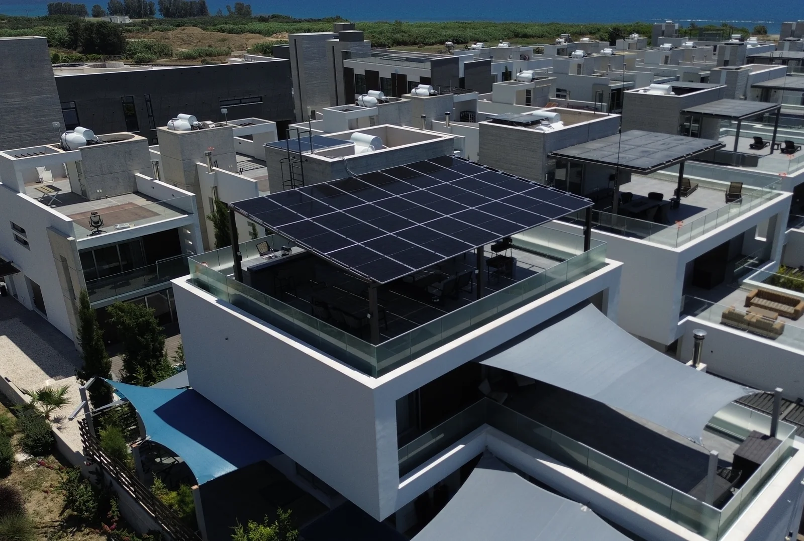 Aerial photograph of the solar pergola on a roof terrace